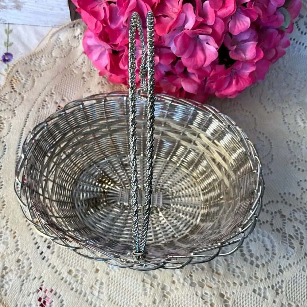 Vintage silver-plated woven metal wire basket